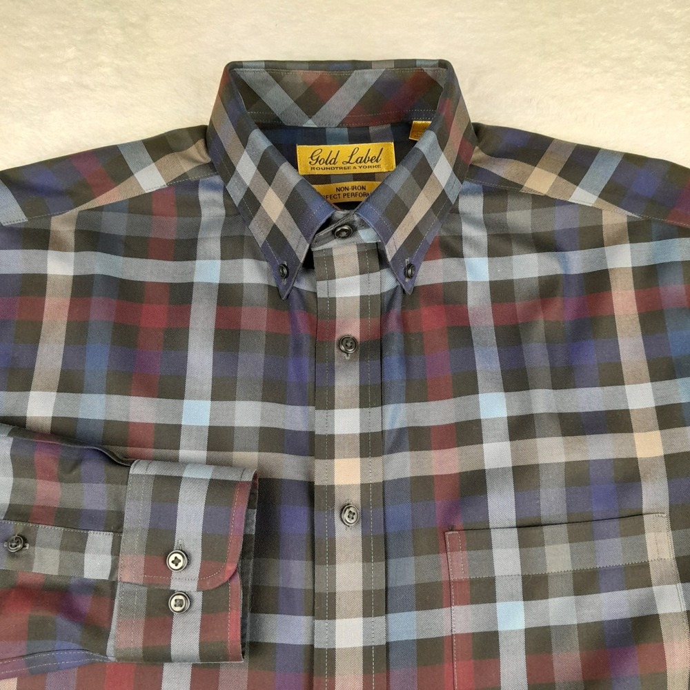 Roundtree & Yorke Gold Label Mens Plaid Button Down Shirt Blue Burgundy Medium